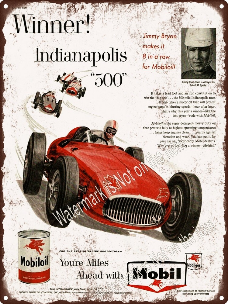 1958 MOBIL OIL Mobil RACING CAR INDY 500 Pegasus Metal Sign 9x12