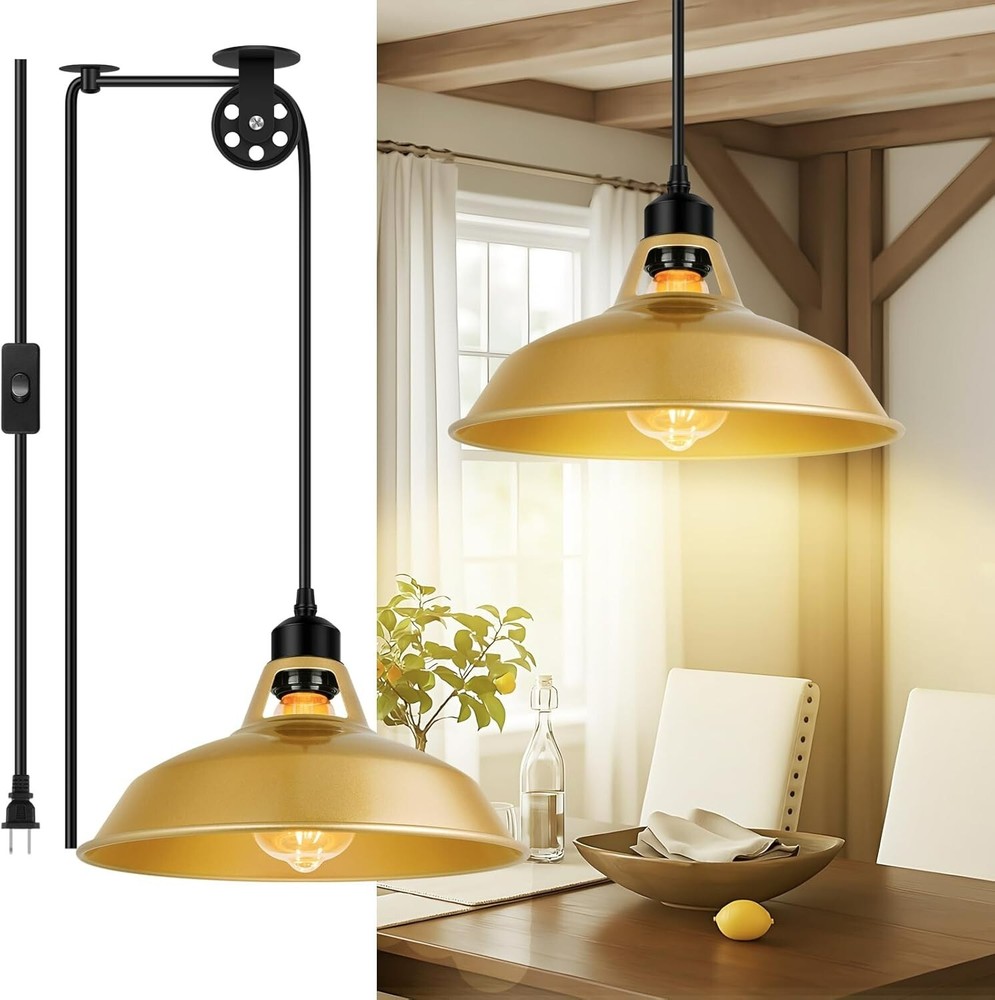Plug in Pendant Light, Vintage Hanging Lamps with Gold Barn Shade Pendant Lighti