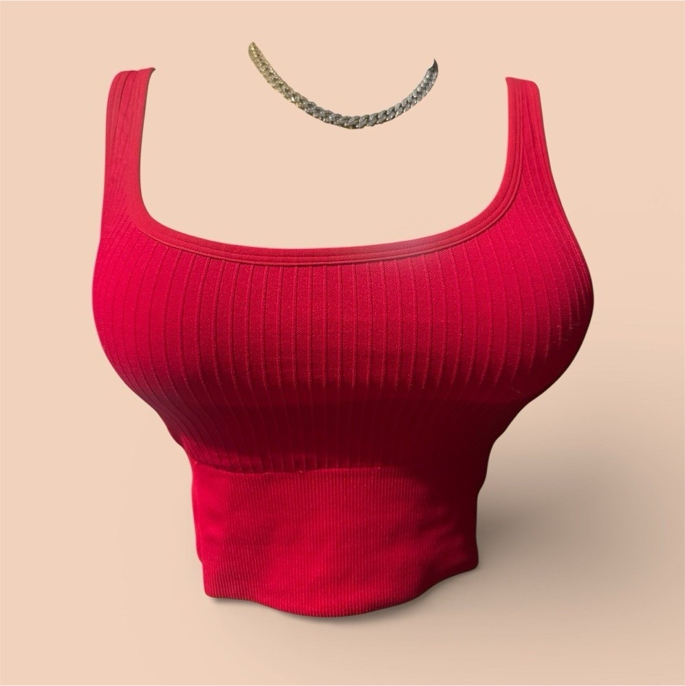 PINK Ribbed Knit Red Square Neck Sleeveless Cropped Women's Tank Top