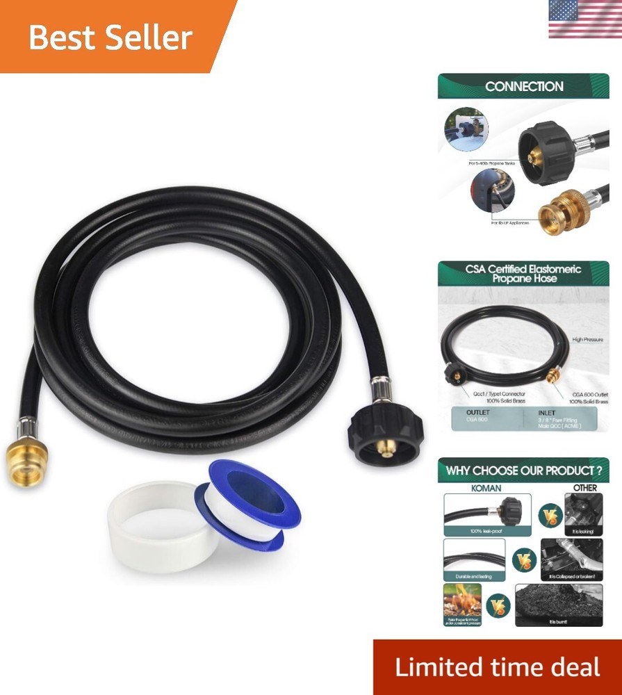 Durable 12FT Propane Hose with Brass Fittings, Connects 1lb Grills to 20lb Tanks