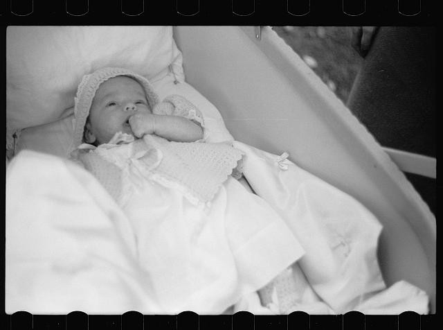 Photo:1940s Baby in Bassinet Black and White Portrait