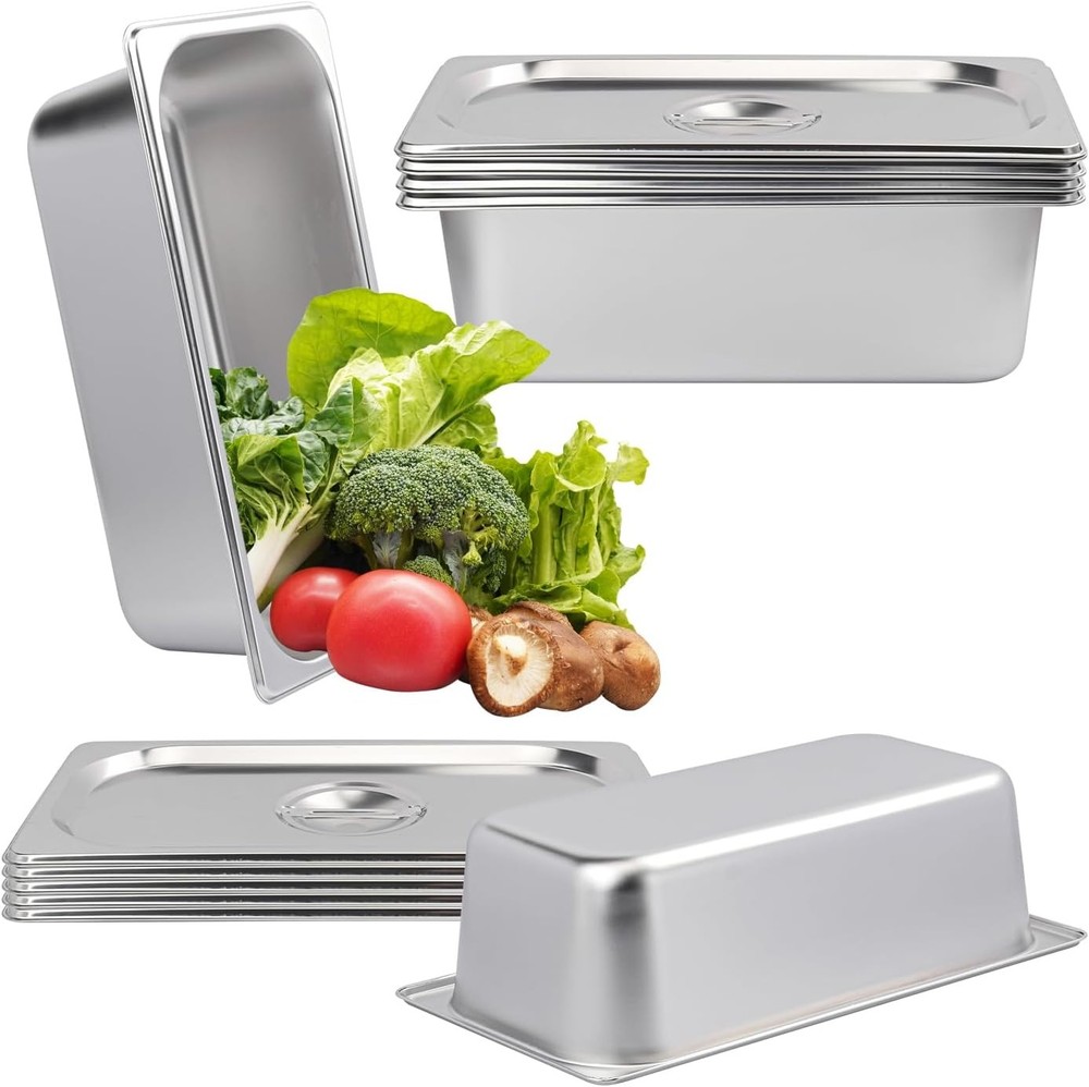 6 Pa 1/3 Size Stainl Steel Ste Hotel Pan with Lid, 4 Inch Deep