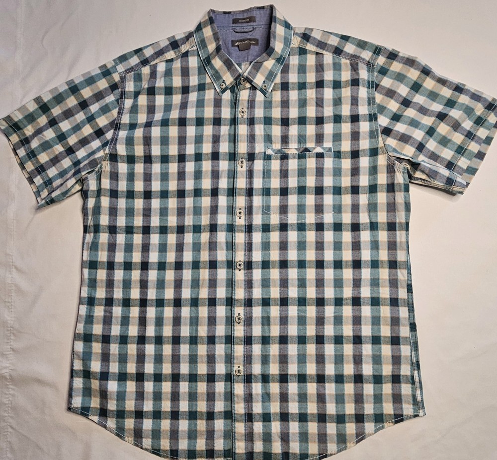 Mens Eddie Bauer Classic Fit Short Sleeve Plaid Button Up Shirt Size Large LG L