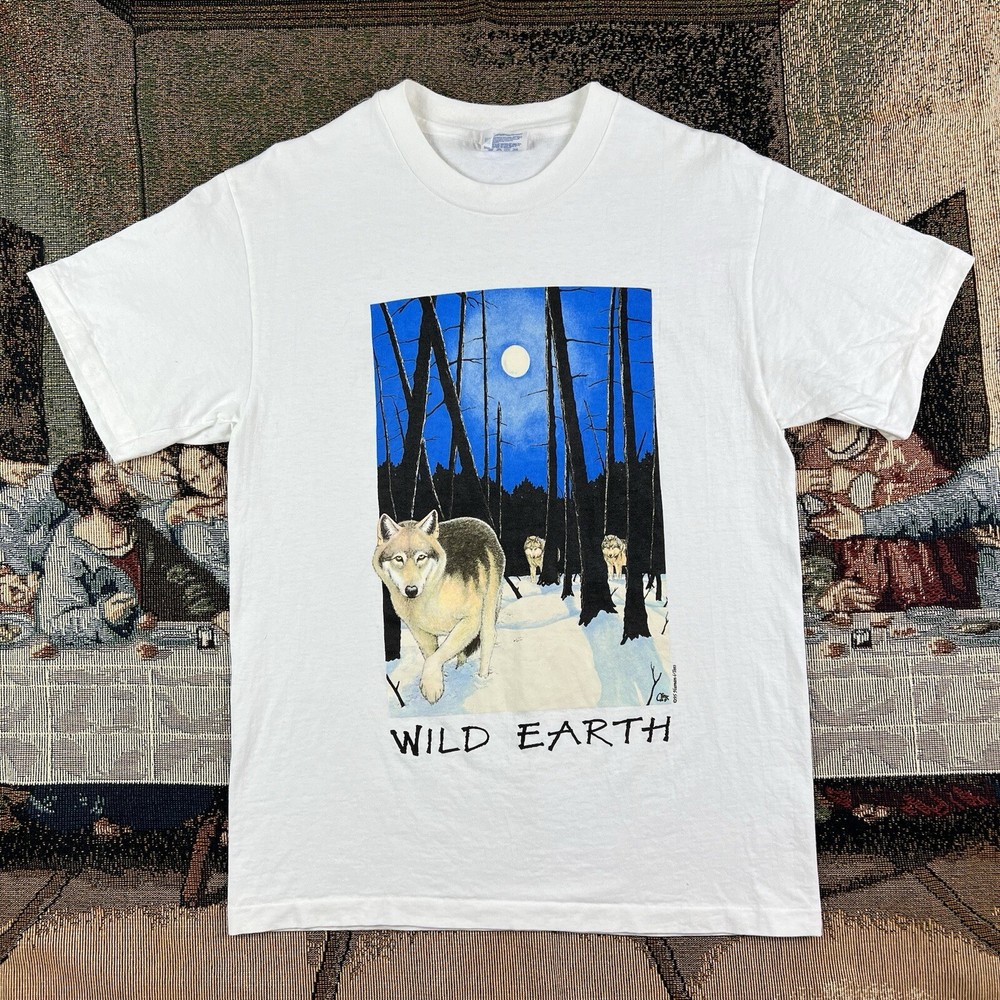 Vintage 90s Human-i-tees Wild Earth Wolf T Shirt Adult Medium White Nature Art