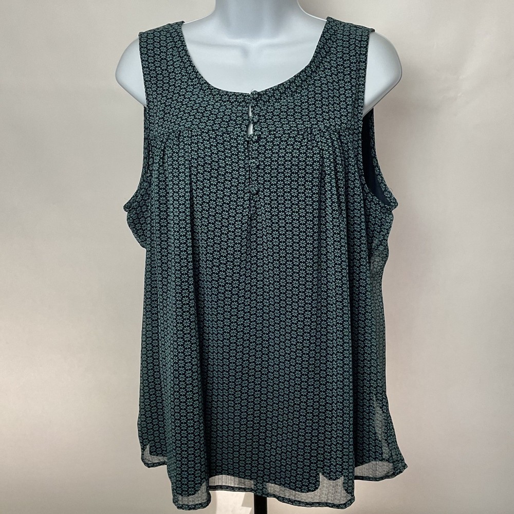 Christopher & Banks Women's Blue/Black Floral Babydoll Blouse Sleeveless Size L