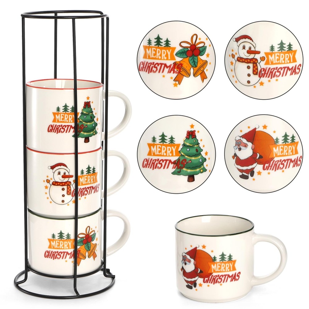 4 Pack Christmas Mugs 15oz Ceramic Coffee Cups with Rack Stackable Gift Set