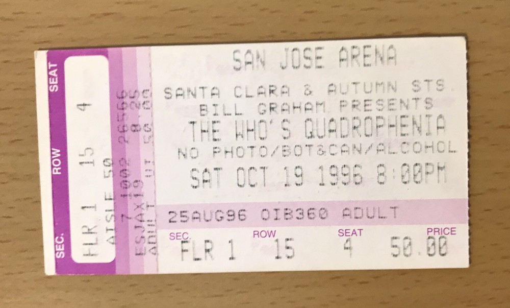 1996 THE WHO QUADROPHENIA TOUR SAN JOSE CONCERT TICKET STUB MY GENERATION