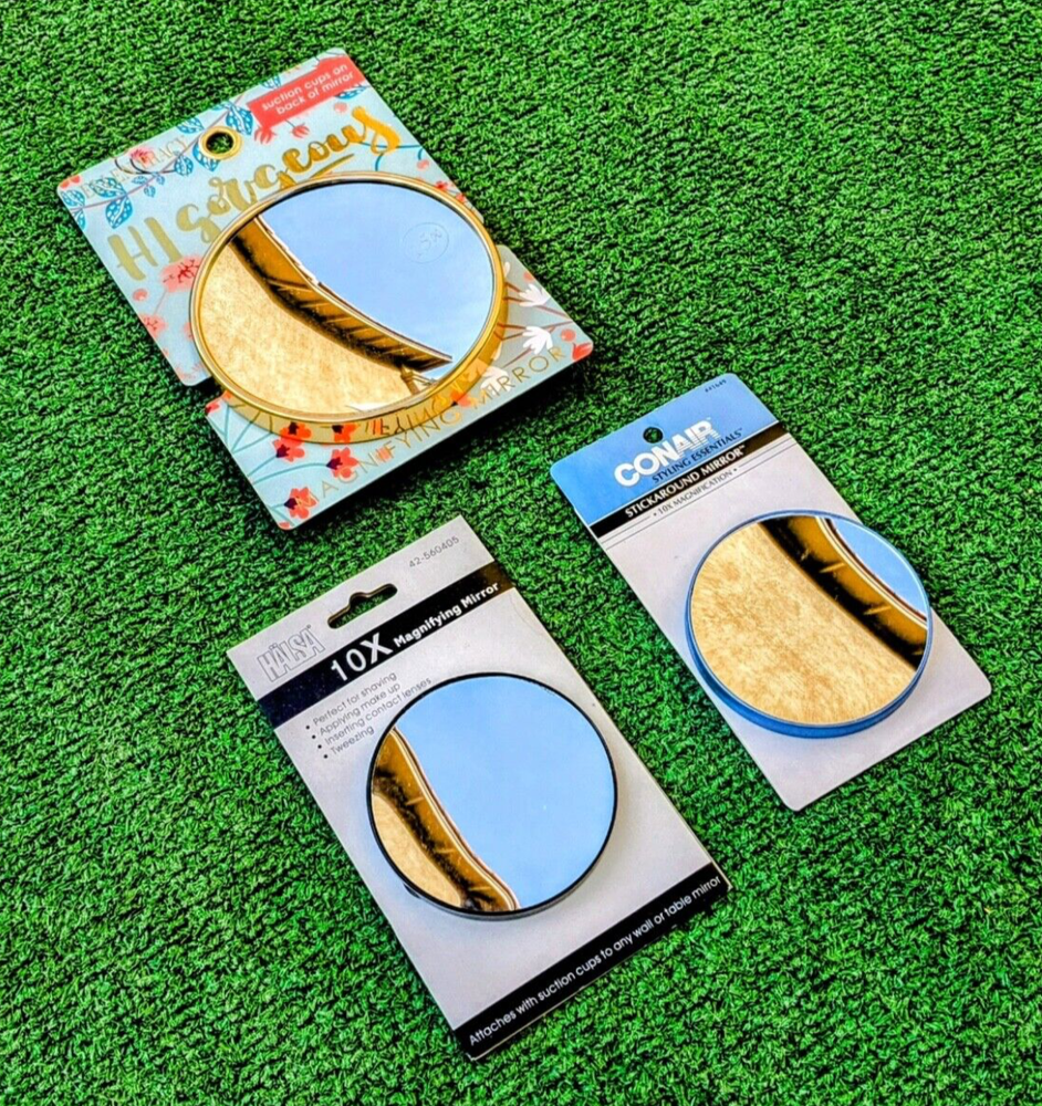 3-Pk Conair/Halsa/Tracy Travel Suction Cup Portable Mirror 10x Magnification NIP