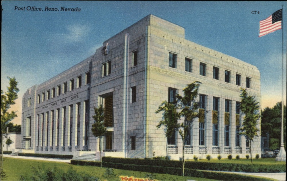 US Post Office Reno Nevada ~ 1940s linen postcard