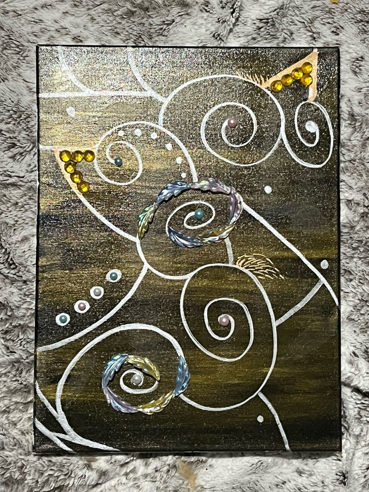Painting, The Baby Birds, Abstract 12x16 Silver And Gold On Black, Feather Beads