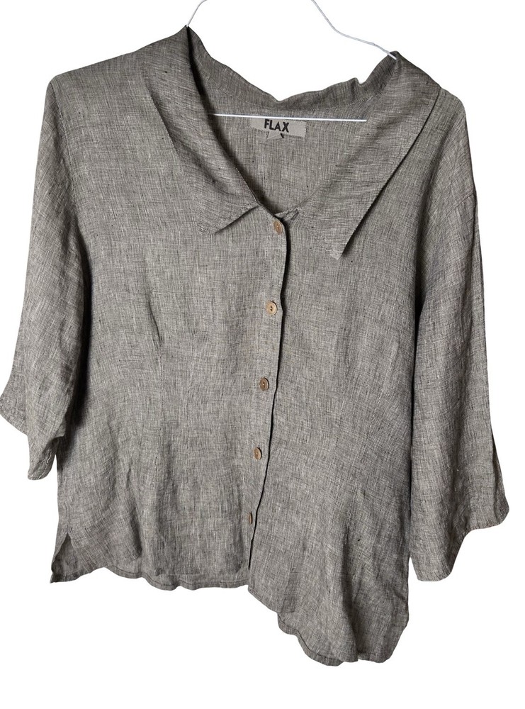 FLAX Jeanne Engelhart Linen Button Up Collared Blouse Sz Large Gray 3/4 Sleeve
