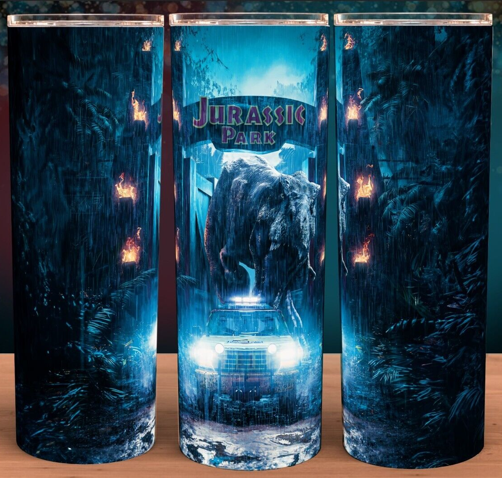 Jurassic Park T-Rex at the Gate Chasing Explorer  Cup Mug Tumbler 20oz