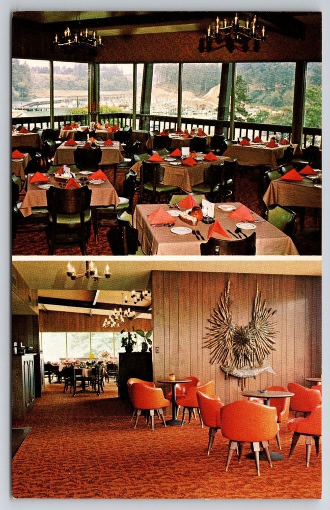 Noyo River Inn Fort Bragg CA Chrome Postcard Restaurant Lounge Harbor View