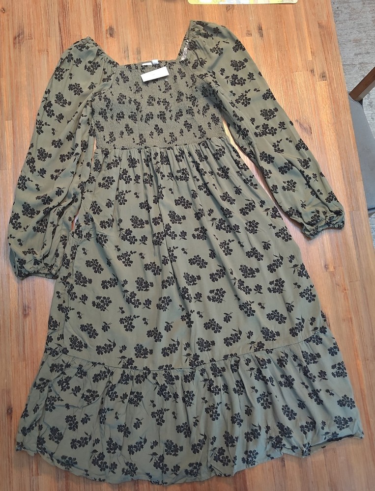 Gap NWT Green Print Squareneck Midi Dress Smocked Cottagecore Boho M