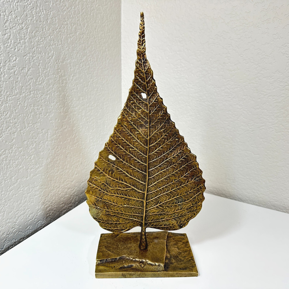Crate & Barrel Bodhi Leaf on Stand Metal Sculpture Contemporary Bronze Gold