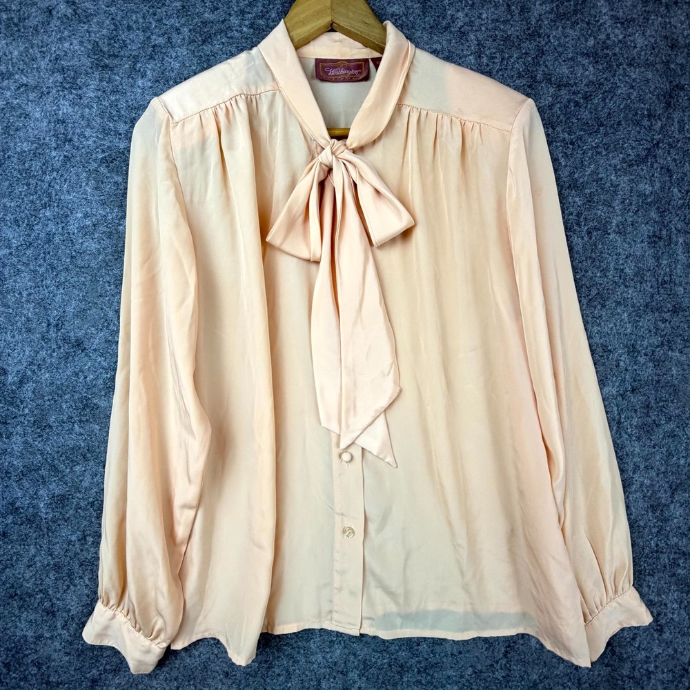 Vintage Worthington Secretary Blouse Womens 8 Peach Pleated Pussy Bow Tie Neck