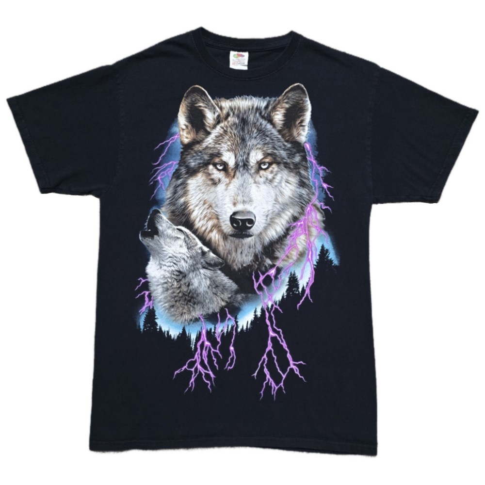 Vintage Fruit Of The Loom Native Wolf T Shirt Lightening Bolts Mens Size M