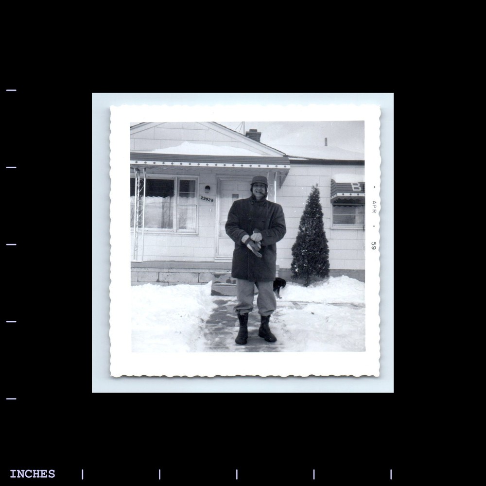 Old Square Photo MAN SMOKING TOBACCO PIPE SNOW WINTER SCENE HOUSE 1959