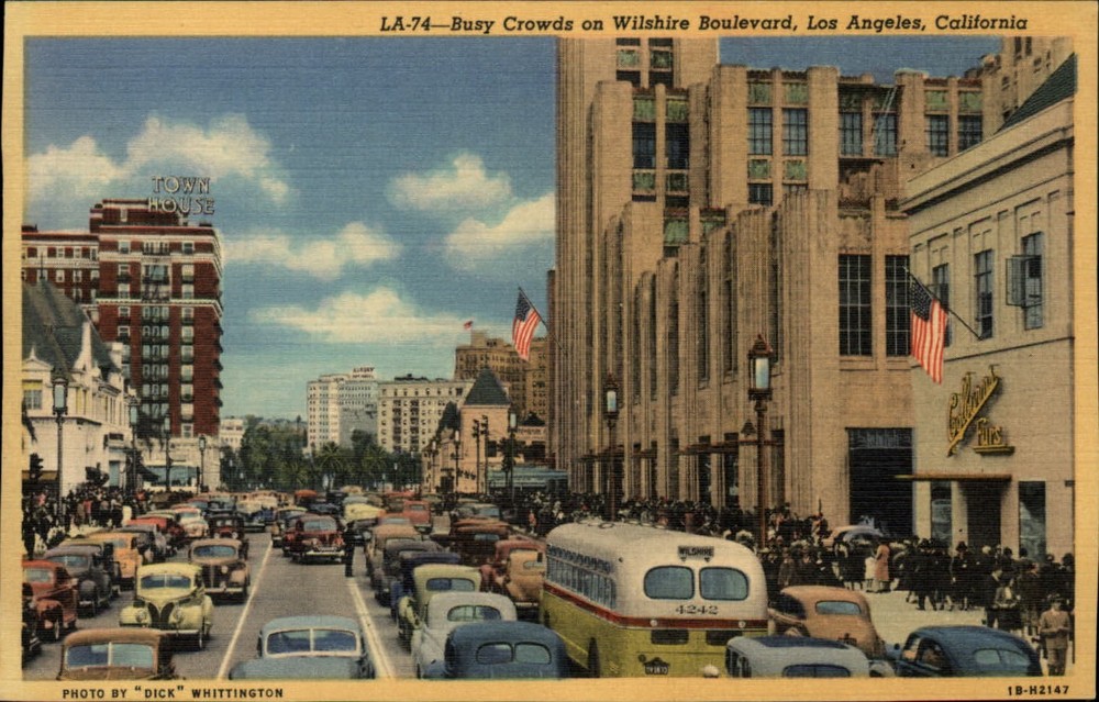 Los Angeles California Wilshire Blvd Colburn Furs 1940s cars linen postcard