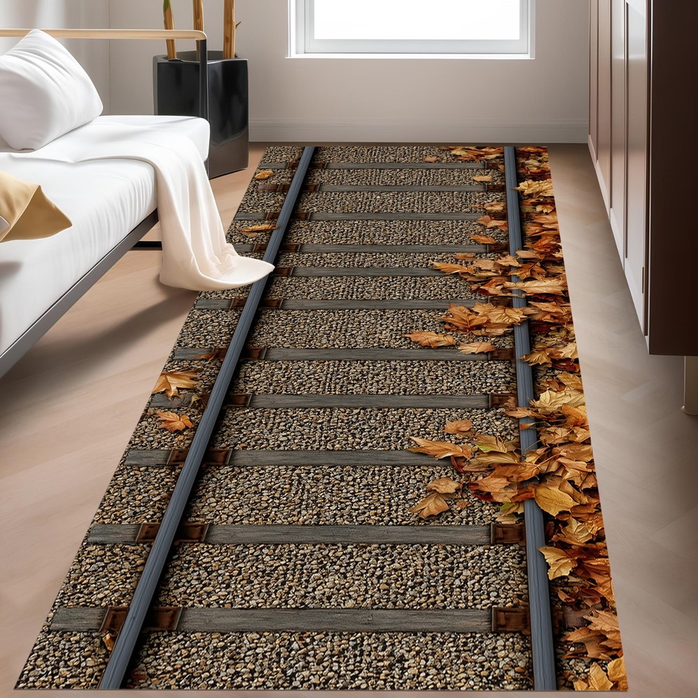 Runner Railroad Tracks Rug,Kids Room Train Tracks Rug,Play Room Train Track Rug