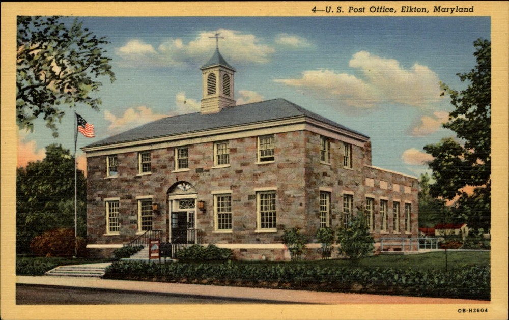 Post Office Elkton Maryland flag architecture ~ 1930s linen postcard