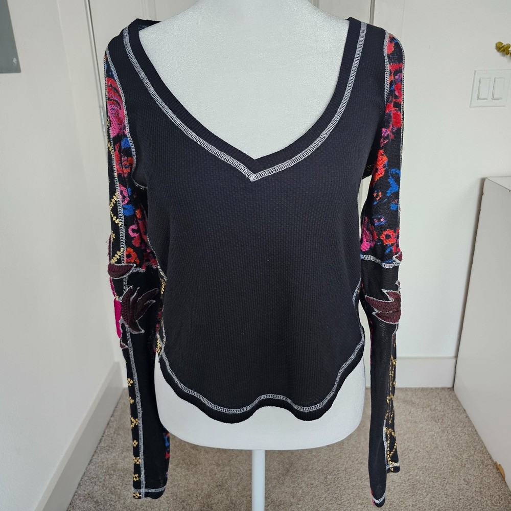 Free People Amara Floral Embroidered Long Sleeve V Neck Thermal Black Size Small