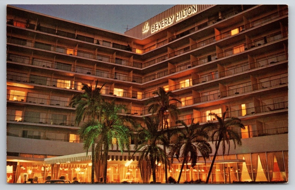 Vintage Beverly Hilton Hotel Postcard Beverly Hills California Dusk View