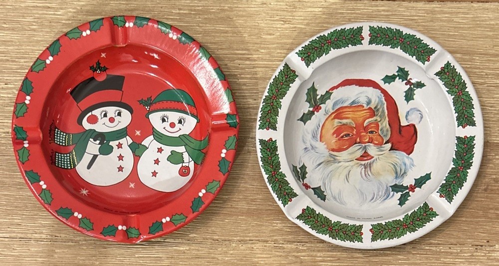 2- Vintage Christmas Santa Claus & Snowman Ash Trays Made in Hong Kong Tin Metal