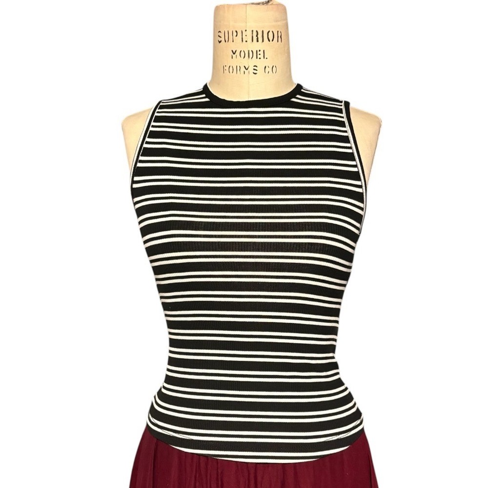 NWT Wild Fable Ribbed Stripe Tank Open Back Black White Fitted Top XS Summer