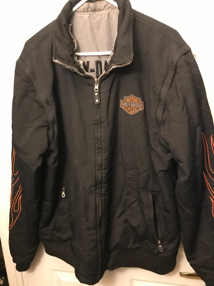 Harley Davidson Jacket Mens XL Reversible Black Silver Removable Sleeves Vest