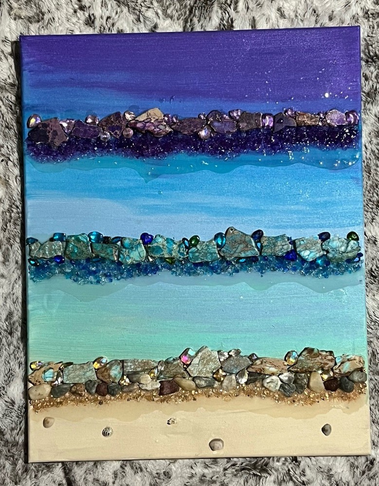 Painting Acrylic On Canvas Howlite Crushed Glass Ocean scape Beach Scene Waves
