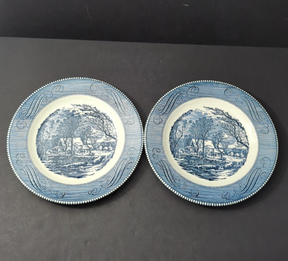 Currier and Ives Dinner Plates Blue Old Grist Mill Royal USA Set of 2 Lot C
