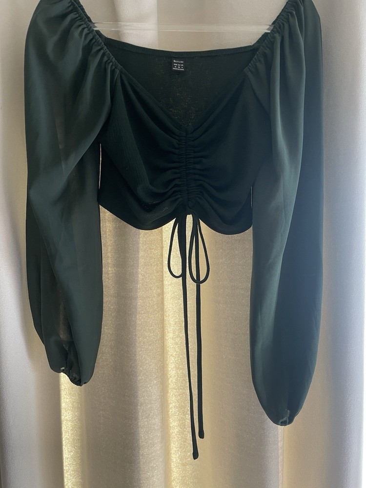 Boture Dark Green Balloon Sleeve Ruched Tie Cropped Square Neck Blouse M