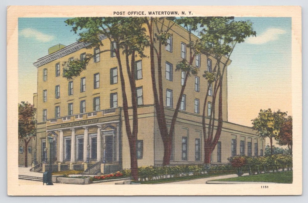 Linen~US Post Office On Corner Watertown New York~Vintage Postcard