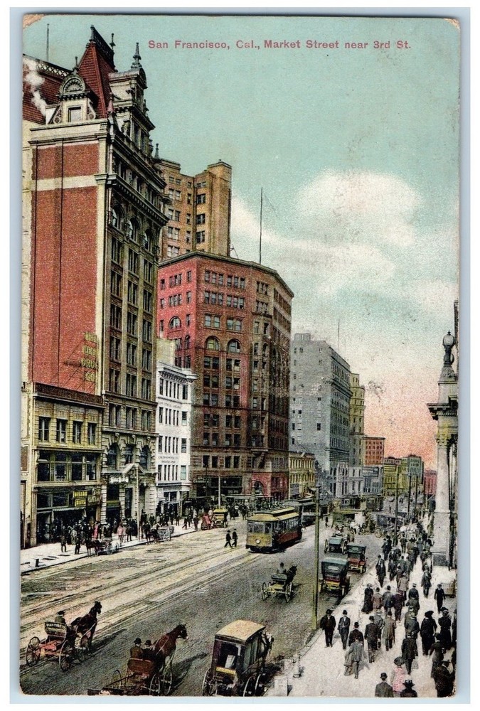 1909 Market Street Near 3rd St. Crowd Downtown Trolley San Francisco CA Postcard