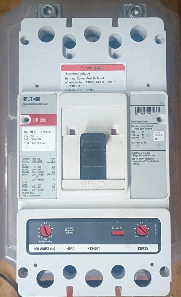 Eaton DK2400W 400 Amp 240V 2 Pole Bolt On Circuit Breaker W/KT2400T Trip
