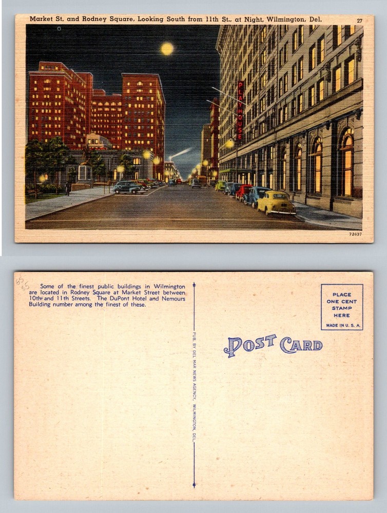 Wilmington, DE-Delaware, Market Street & Rodney Square At Night Vintage Postcard