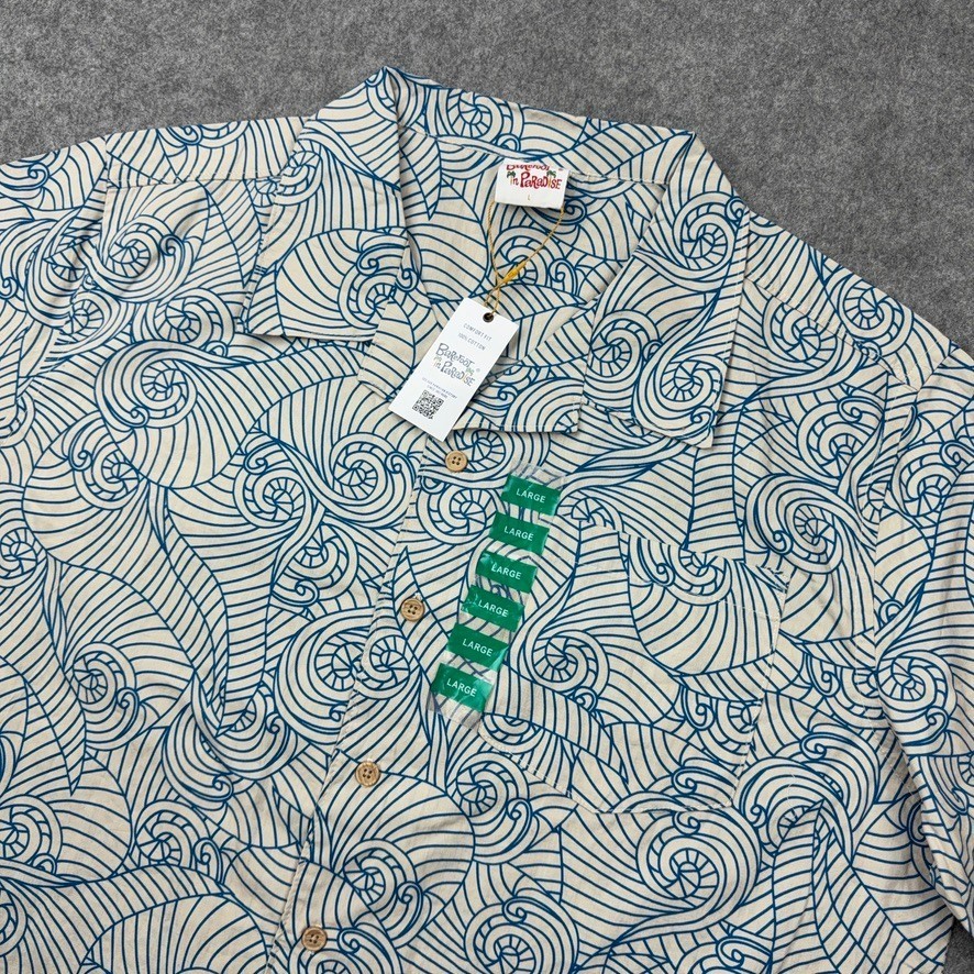 Barefoot In Paradise Shirt Mens Large Blue Wave Hawaiian Aloha Button Up NEW