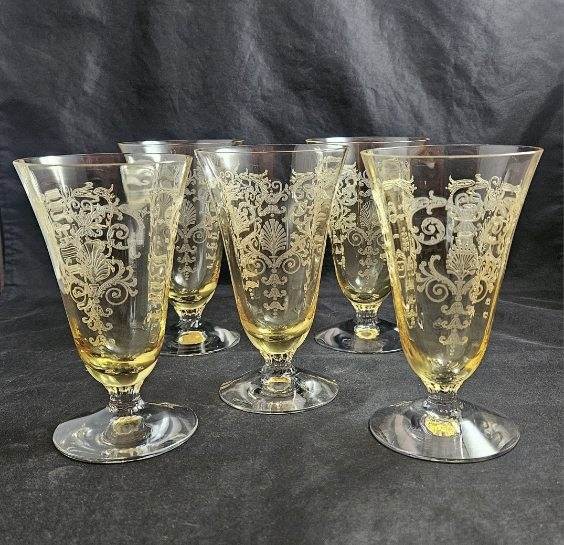 Five Vintage Fostoria Yellow Topaz Versailles Etched Juice Pedestal Glass