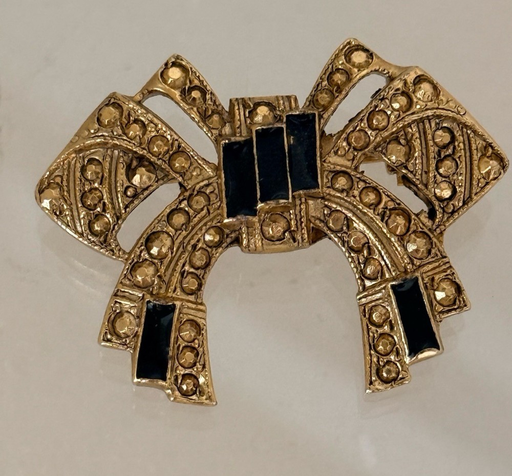 Vintage Art Deco Inspired Bow Brooch Pin Black Enamel Gold  Rhinestone Gold Tone