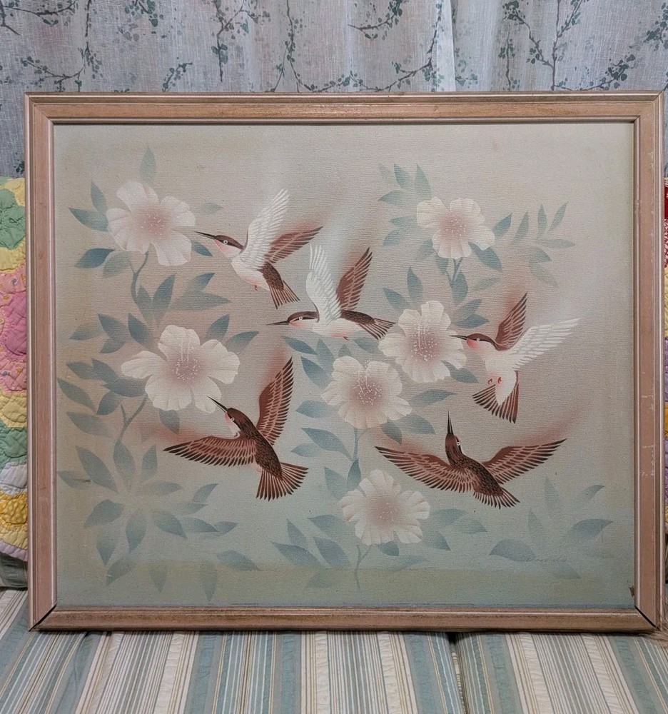 Vintage Framed Original 20 X 24 Pink Hummingbird Floral Oil Painting On Canvas