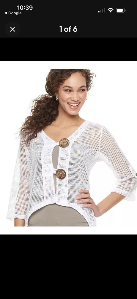 Nina Leonard, white, open-knit cardigan, decorative coconut buttons size S/M