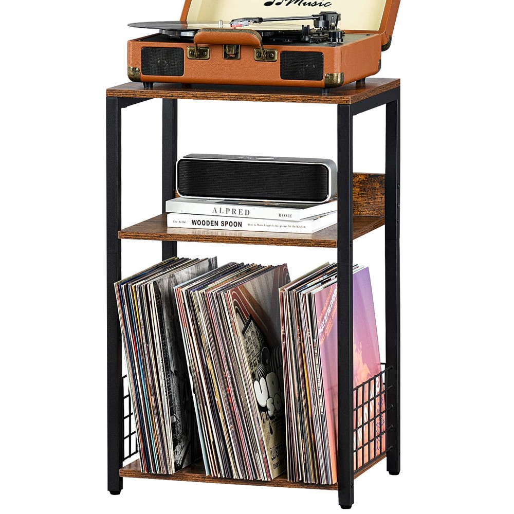 3 Tier Record Player Stand with Storage for 100 Albums, Turntable End Table