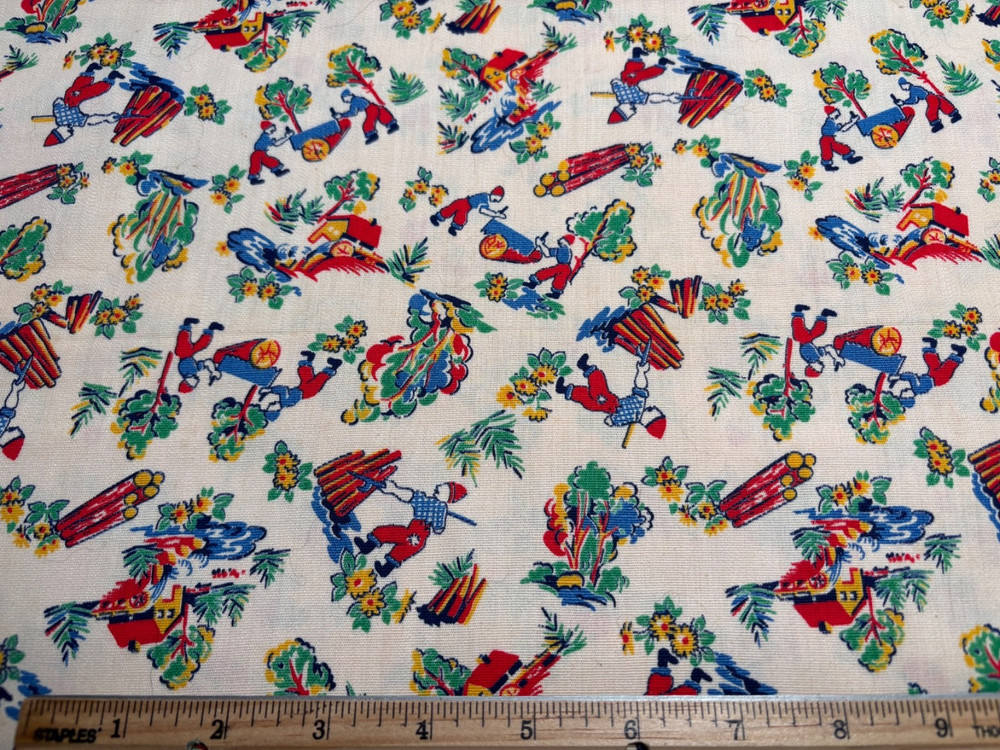 Antique Vintage Cotton Fabric 1940s CUTE Lumberjacks NOVELTY 35w 1/2yd