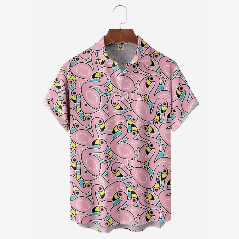 Pink Cartoon Flamingo Hawaiian Shirt For Men US Size Summer Style NEW