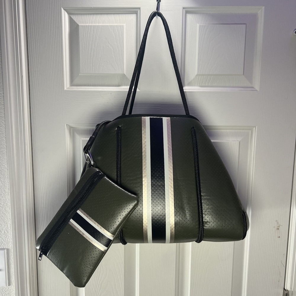 Haute Shore Greyson Envy Tote Purse Olive Green Rose Gold Black Stripe Beach Bag