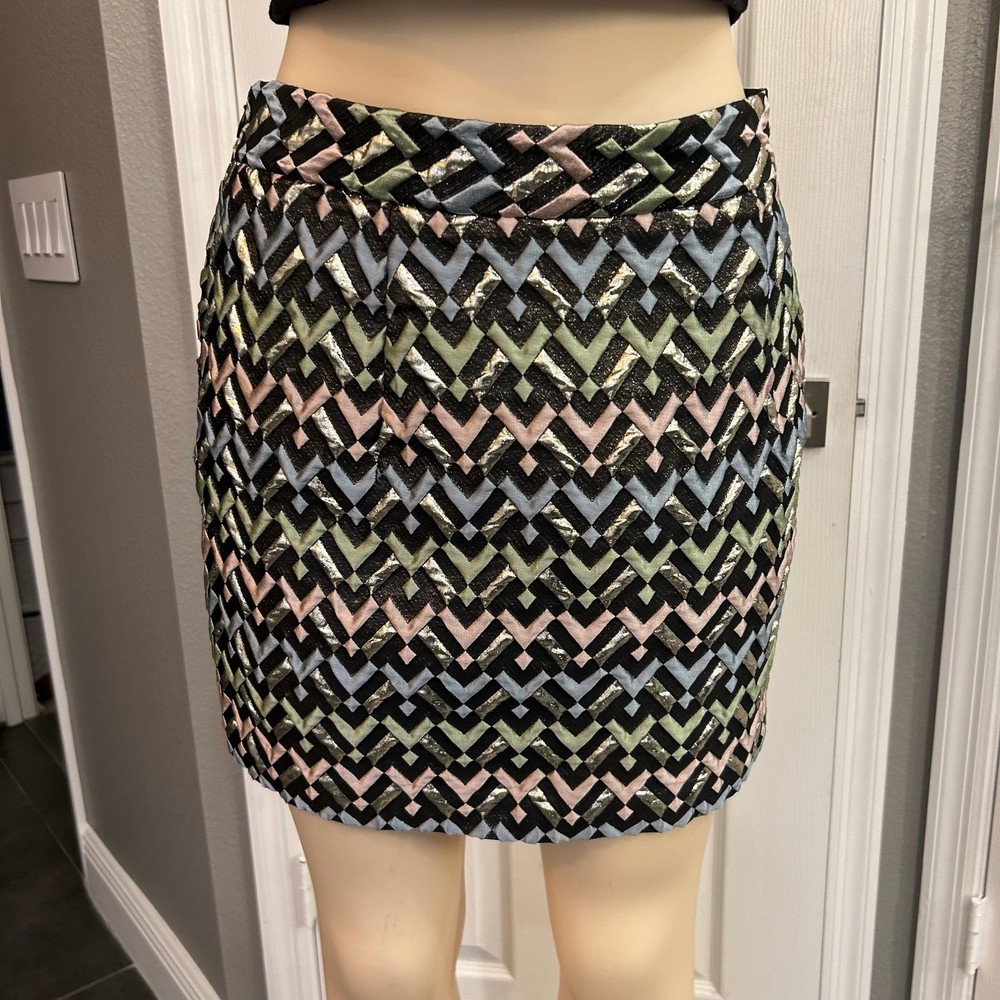 Milly Metallic Jacquard Mini Skirt Women’s Size 12 Geometric Chevron Pattern LP