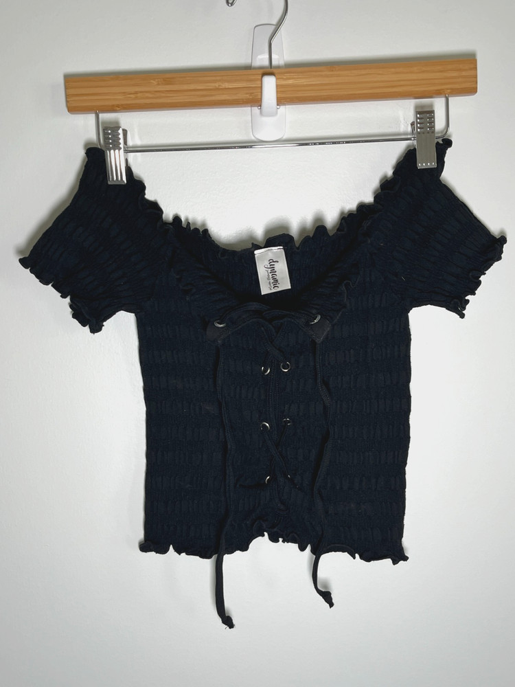 Whimsigoth Dark Fairy Witchy Peasant Lace Up Stretch Top Womens Black ONE SIZE