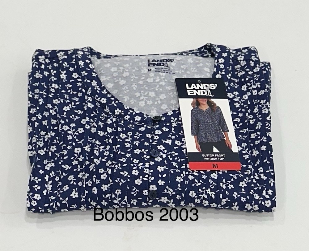 Lands' End Women's Button Front Pintuck Top, Navy, Size M