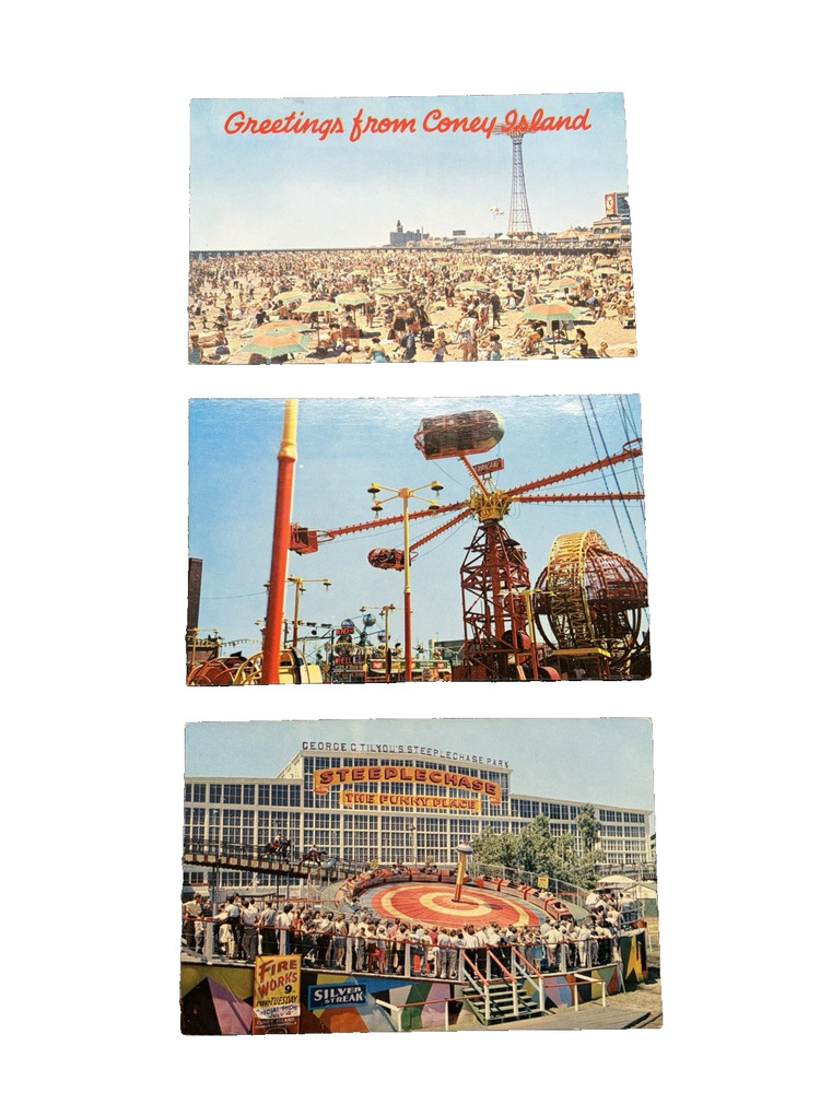 Vtg UNPOSTED Coney Island NY Postcards Parachute Jmp Steeplechase Rides-Lot of 3